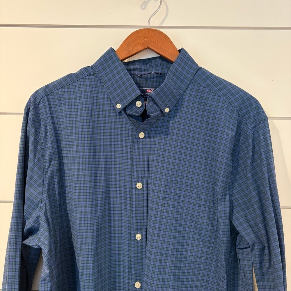 Vineyard Vines Performance Classic Fit Blue Green Plaid Shirt L Button Down